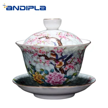 

190ml Jingdezhen Gaiwan Ceramic Porcelain Flower Bird Pattern Art Tea Bowl with Saucer Lid Kit Master Tea Tureen Drinkware Gift