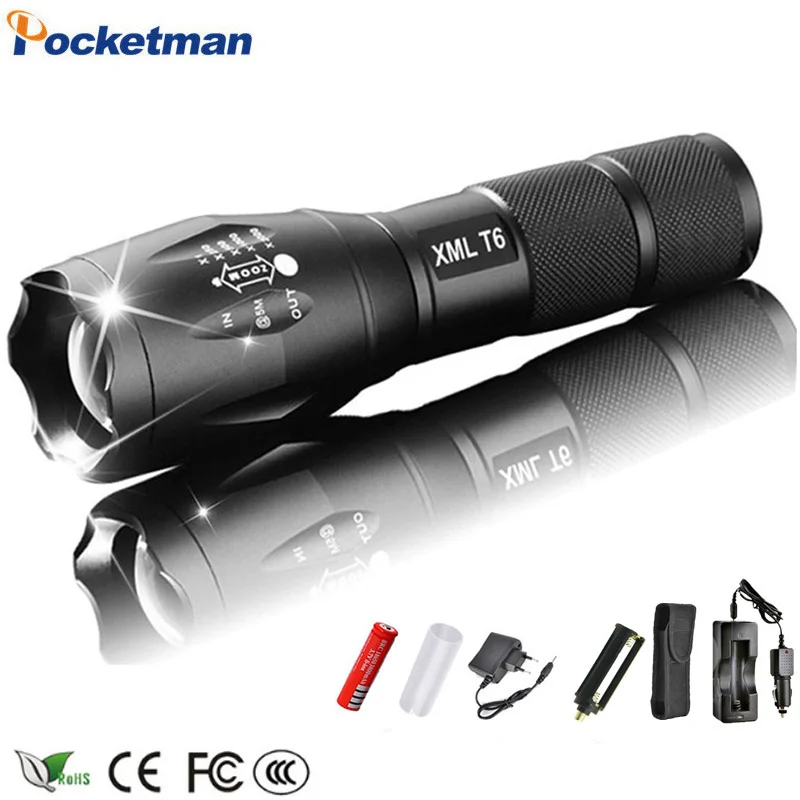 

XML-T6 3000lm Adjustable Led Flashlight Led Torch Car Charger+Battery Charger+18650 Rechargeable Battery + Holster pouch