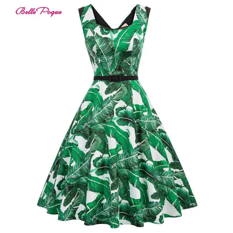 

Belle Poque Retro Women Flower Dresses Vintage Sleeveless Deep V-Neck Floral Printed Contrast Pleated Flared Party A Line Dress