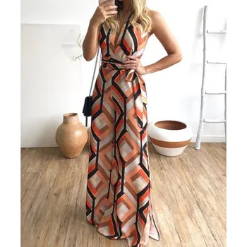 

2019 Women V Neck Geometric Printed Wide Leg Jumpsuit Sexy Belt Sleeveless Party Long Jumpsuit Summer Beach Maxi Overalls