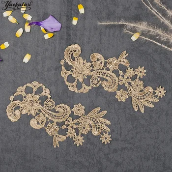 

YACKALASI 8 Pairs/Lot 3D Floral Trims Gold Appliqued Mirror Pairs Patches Dress 18.2CM*8CM