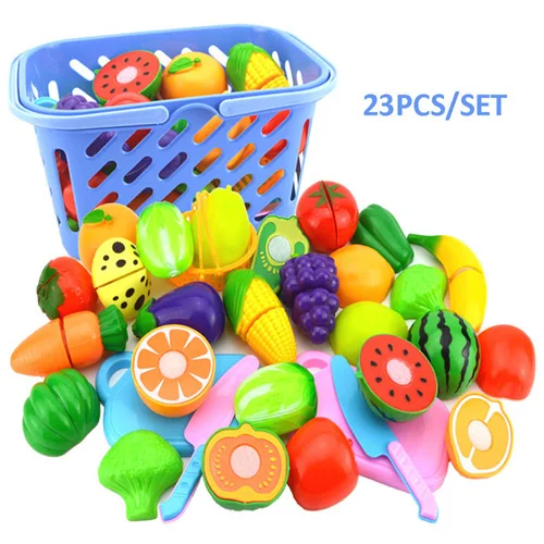Детские игрушки для резки фруктов, овощей, торта, ролевые игры, кухонные игрушки, миниатюрная еда для кукол, имитационный кухонный набор, инструменты для детей - Цвет: 23pcs set