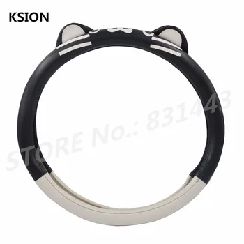 

Cute Steering Wheel Covers Leather Car Steering Wheel Cover Black with White Cartoon Cat Steering-Wheel Covers For Auto