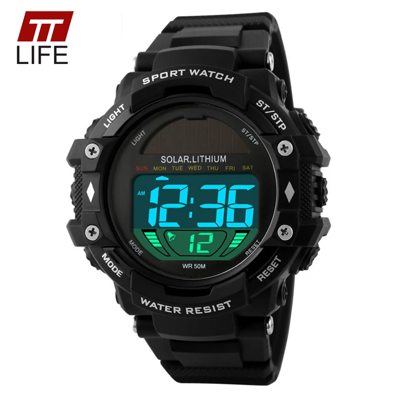 TTLIFE Mens Sports Watches Solar Power Male LED Digital 50m Water