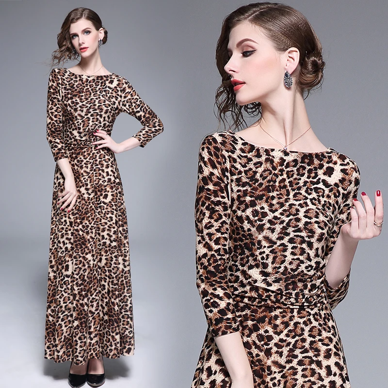 

Women Leopard Print Ankle Length Maxi Dress 2019 Spring Slash Neck High Waist Big Swing Retro Ladies Party Long Dress vestidos