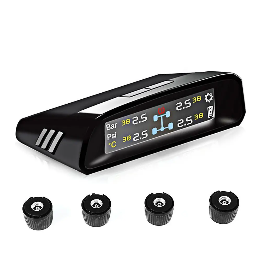 

Black TPMS Tire Pressure Alarm Monitor System Solar Energy LED Display Screen Wireless TPMS 4 Sensor Car Alarm System