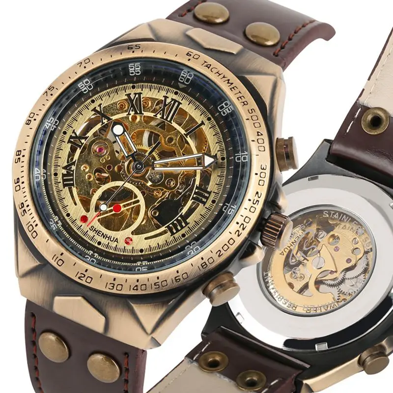 SHENHUA Automatic Watch Men Mechanical Watch Skeleton Bronze Steampunk Transparent Self Winding Mens Watches Retro Clock 2