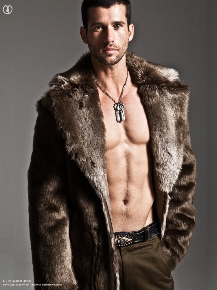 Men's Faux Fur Long Coat Brown/black Warm And Comfortable Winter New Brand Maylooks Hn128