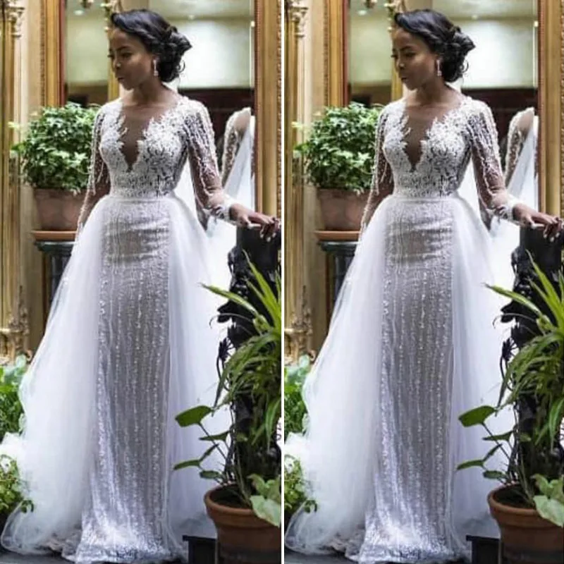 Роскошное платье с длинным рукавом кружевные свадебные платья со съемной юбкой Иллюзия Открыть V шеи свадебное платье Vestido De Noiva высокое качество