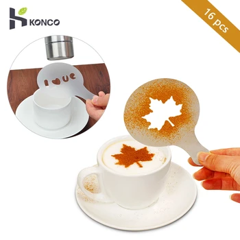 

KONCO 16Pcs Coffee stencil Cafe barista Tools latte Art Maker Cappuccino Coffee accessories