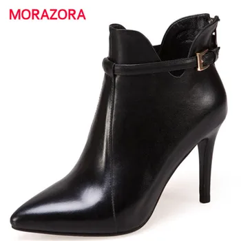 

MORAZORA 2018 new casual pointed toe genuine leather boots elegant thin heel super high heel ankle boots zipper women's boots