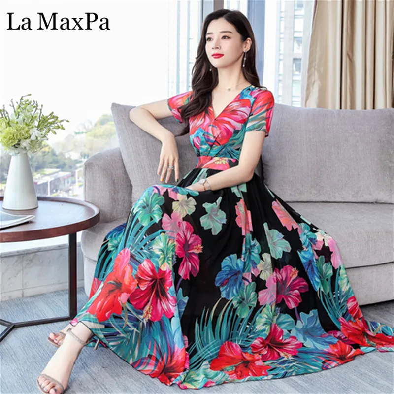

La MaxPa 3XL Plus Size Boho Dresses For Women 2019 New Summer Print Chiffon Dress V Neck elegant Fashion Party Dress Vestidos