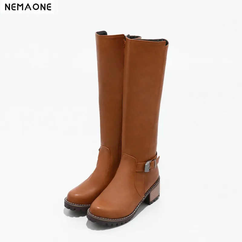 

NEMAONE 6cm thick high Heel knee high women boots buckle ladies western shoes party dress wedding shoes woman large Size 43