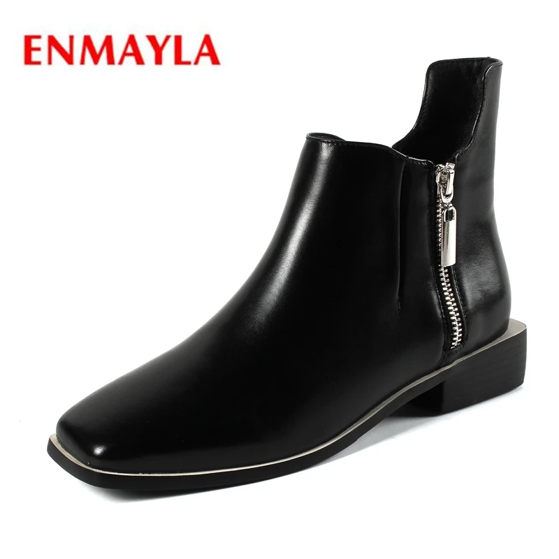 

ENMAYLA New Fashion women solid square toe zipper ankle boots real leather women shoes Big size 34-40 ZYL1292