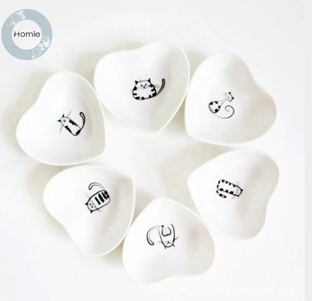 Cat Small Plate 6pcs/set cute Love Heart Household Soy Vinegar tray Round Spices Plate Kitty Seasoning Dish with handle