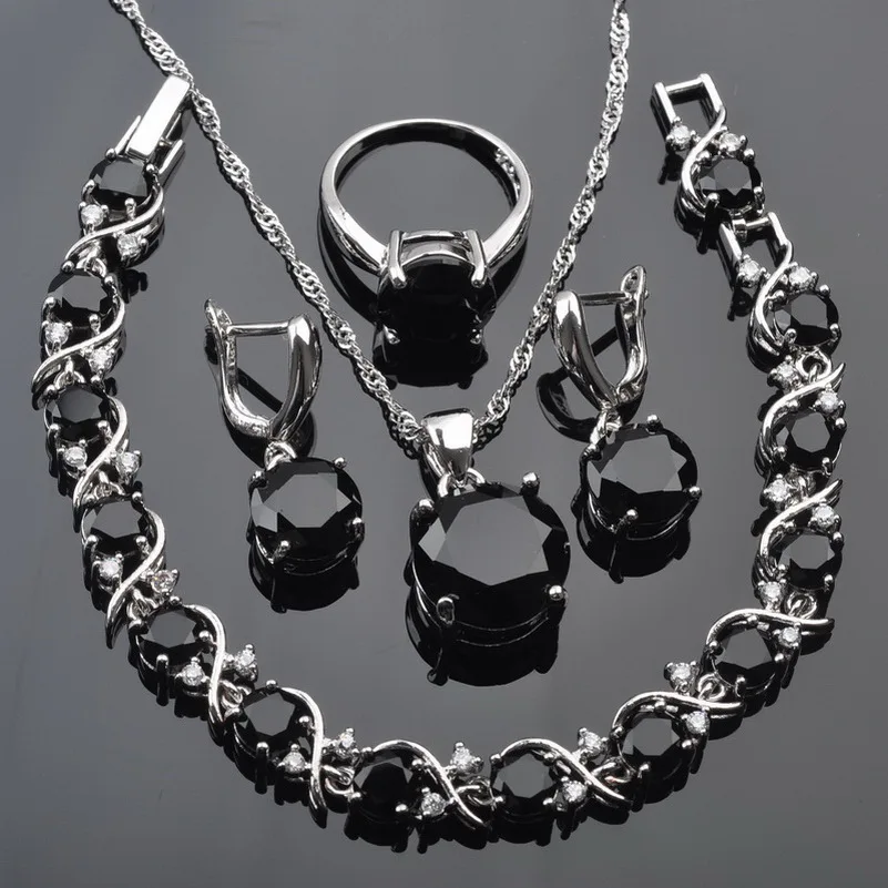FAHOYO Свадебные ювелирные изделия 925 пробы серебро классический черный кубический цирконий для женщин наборы ювелирных изделий с кристаллами Лидер продаж QS0218