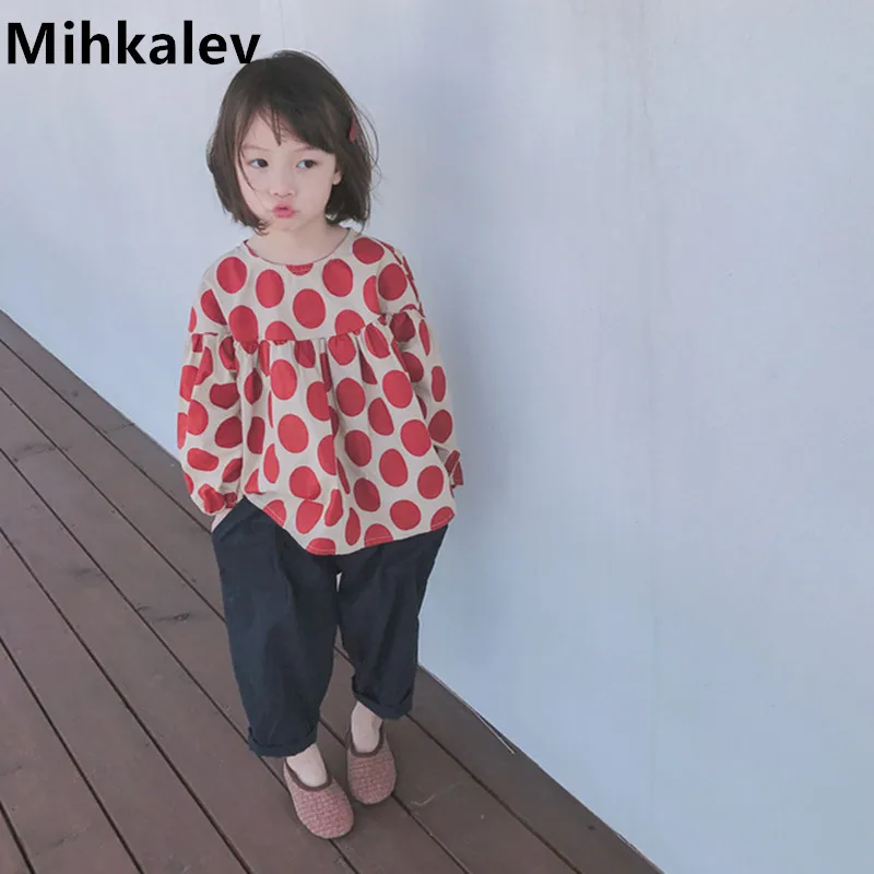 Mihkalev/топы для девочек с узором в горошек; детская футболка с длинными рукавами и блузки; детская одежда; костюм