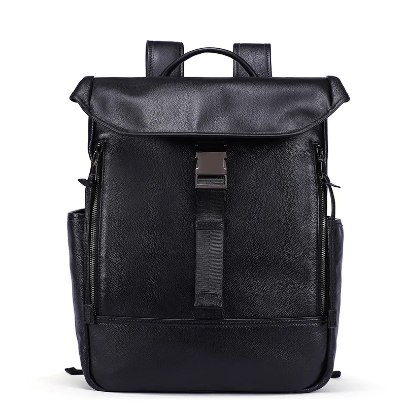 

14" genuine leather man bags really cowhide backpacks fashion solid double shoulder bag mochila escolar school Laptop bag black
