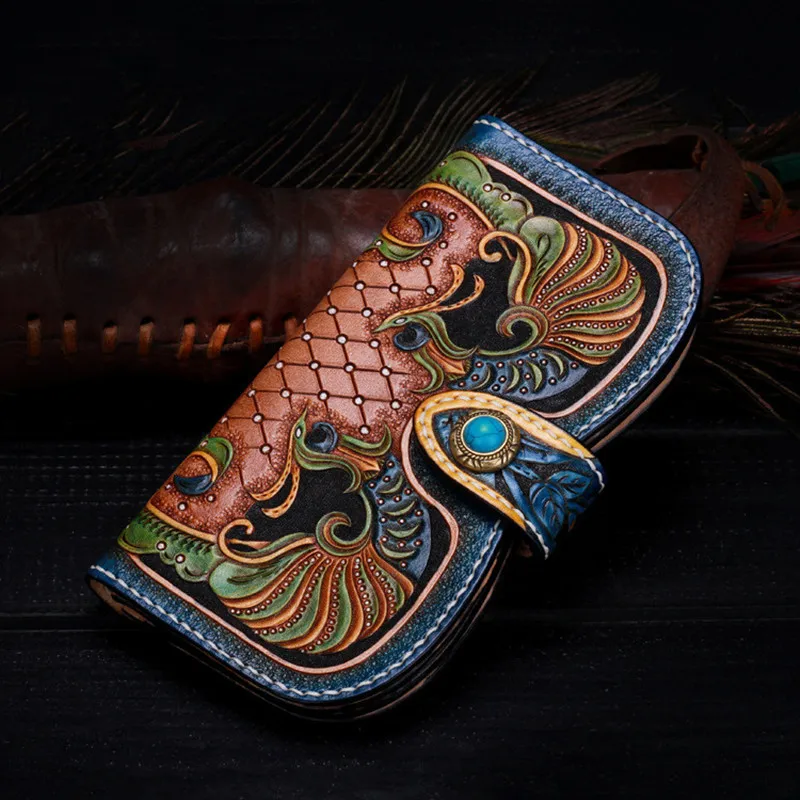 Hand Engraving Genuine Leather Wallets Carving Floral Bag Purses Women