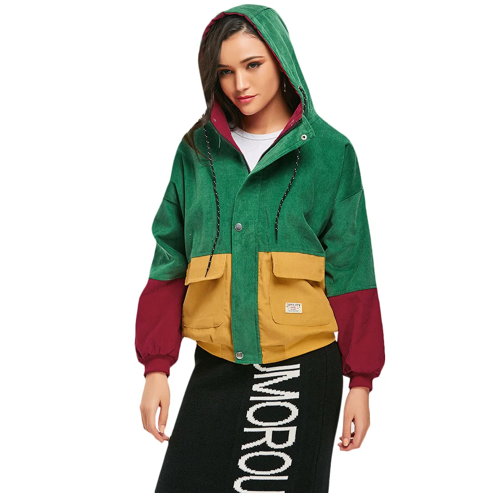 

ZAFUL Hit Color Block Hooded Collar Women Jacket Zip Up Loose Corduroy Jacket Snap Button Patchwork Slim Jacket
