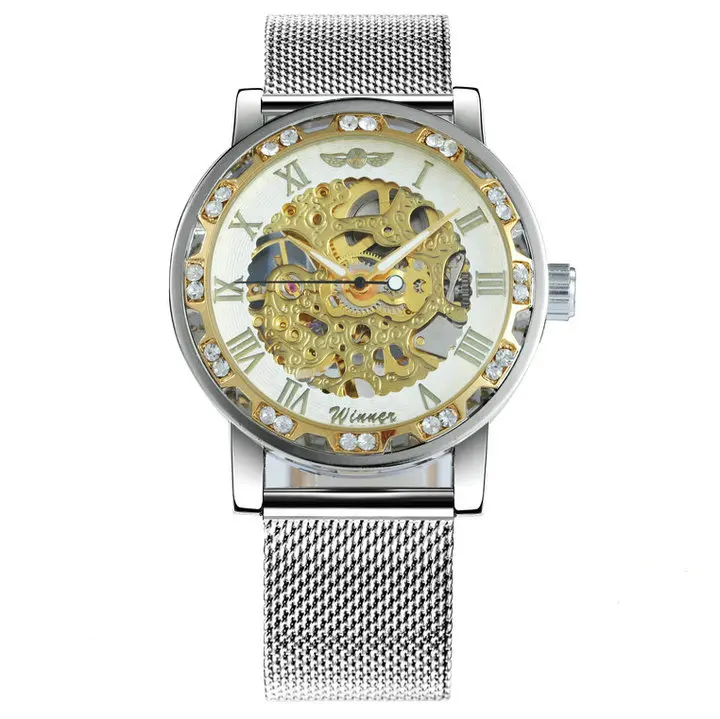 WINNER модные деловые механические мужские часы от ведущего бренда, роскошные часы со скелетонным циферблатом и кристаллами, наручные часы, Лидер продаж - Цвет: SILVER GOLD WHITE