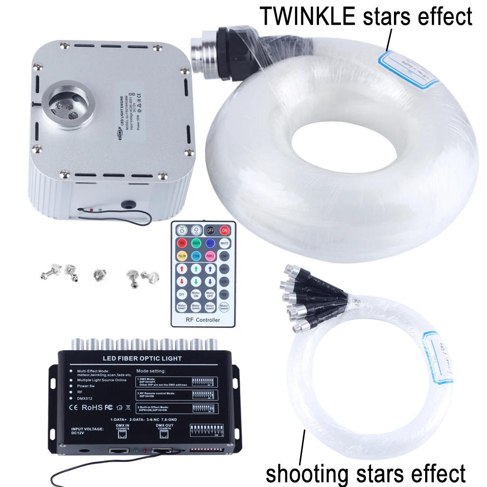 

32W RGB 28key RF remote TWINKLE LED Fiber Optic Star Ceiling Light Kit (400pcs 0.75+1+1.5+2.0mm 5M)+shooting stars effect