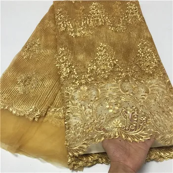 

Best Quality African Pearls Lace Fabric White beads Lace High Quality Embroidery French Mesh 2018 Nigeria Lace Fabric yellow