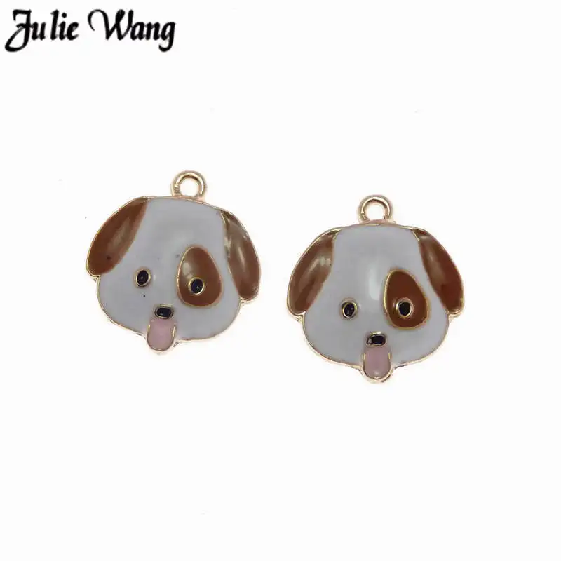 Julie Wang 5-15pcs Zinc Alloy Enamel Dog Head Charms Puppy Pet Bracelet Pendants Jewelry Craft DIY Keychain Women Bag Decor