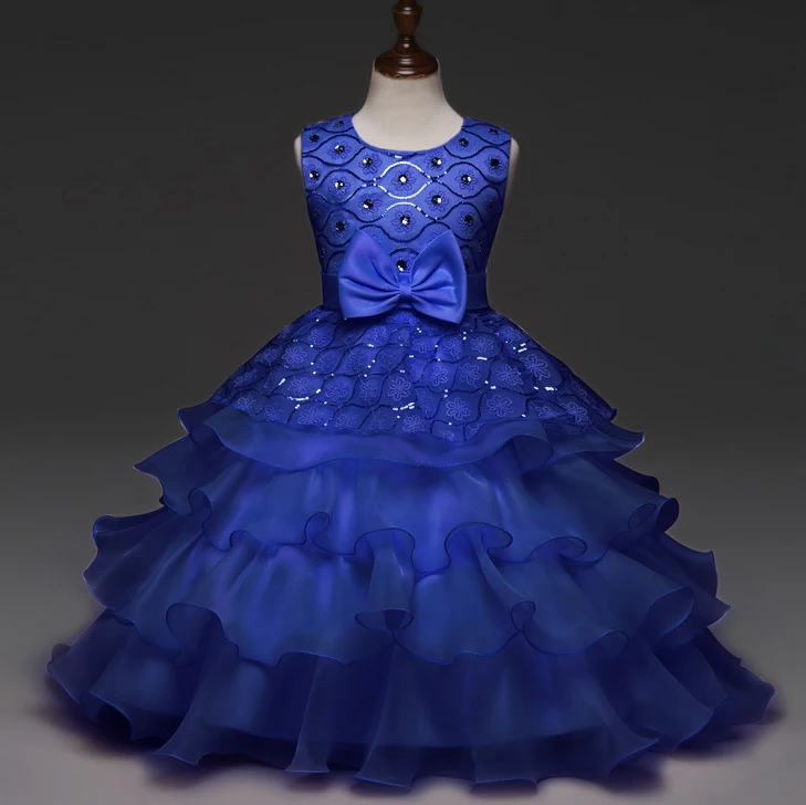 

Kids Bow Sequins Plaid Crystal Tulle Party Princess Pageant Wedding Dresses Royal Blue Evening Dress for Girls Glitz