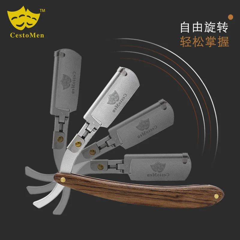 Wooden Handle Razor Manual Folding Blade Razor Retro Haircut Shaving double sided Stainless Steel Shaving Head 3