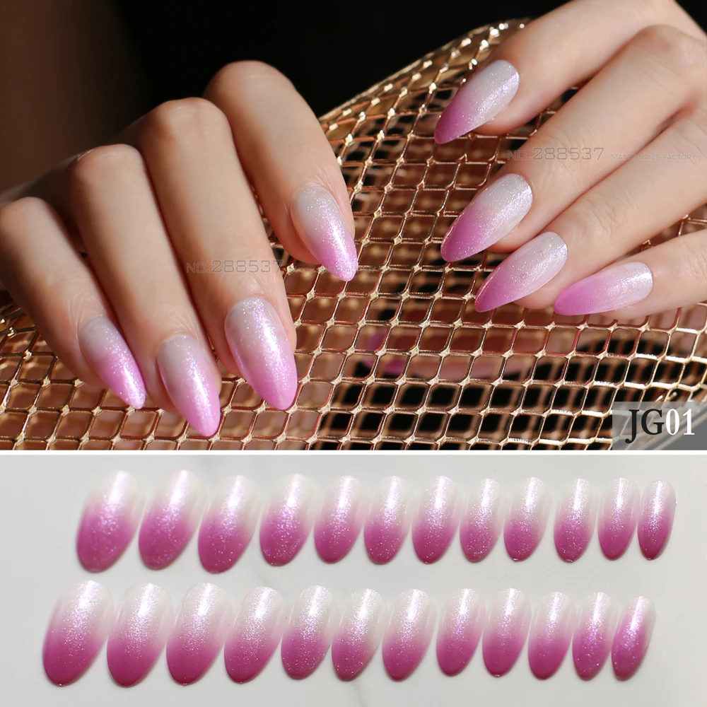 24pcs pink glitter gradient stiletto nails red medium Nude fake nails brown...