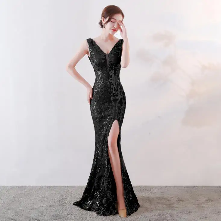 SVKSBEVS сексуальные длинные платья с глубоким v-образным вырезом, расшитые блестками, элегантные вечерние платья макси на молнии с открытой спиной - Цвет: Черный