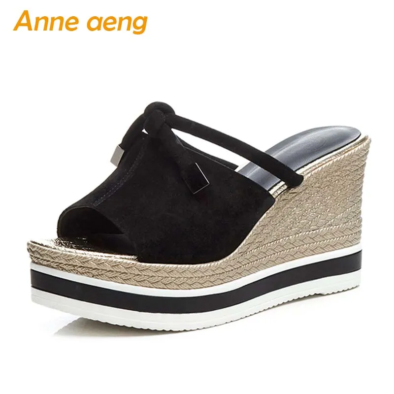 

2019 New Summer Genuine Leather Outside Women Slippers High Wedge Heel Fashion Casual Women Platform Shoes Black Mules Slides