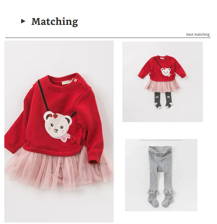 DBJ7862 dave bella baby Knitted Dress girls long sleeve autumn dresses kids red clothes children birthday party boutique dress