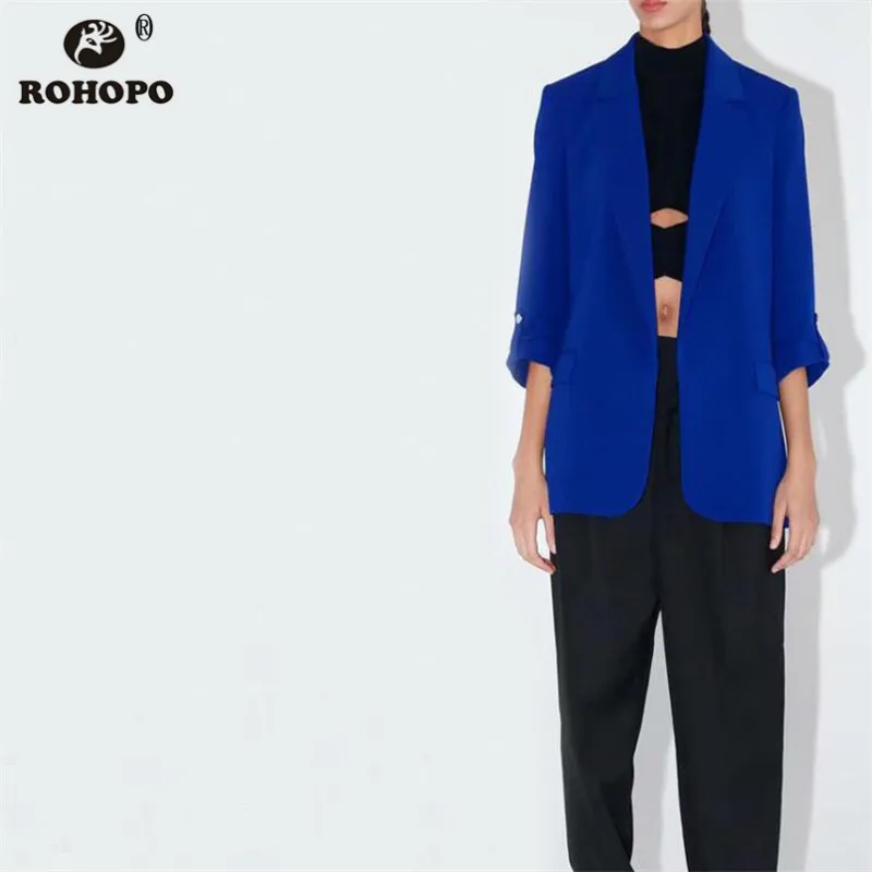 ROHOPO Women Draped Button Cuff Sleeve Blazer Blue Notched Collar Straight Outwears Office Ladies Casual Chaqueta #BM2215