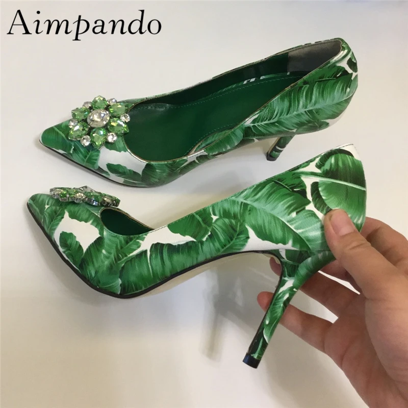 

New Design Green Leaf Printed Color Women Pumps Thin Heel Pointed Toe Crystal Flower Slim Shallow Bridal Wedding Shoes Woman