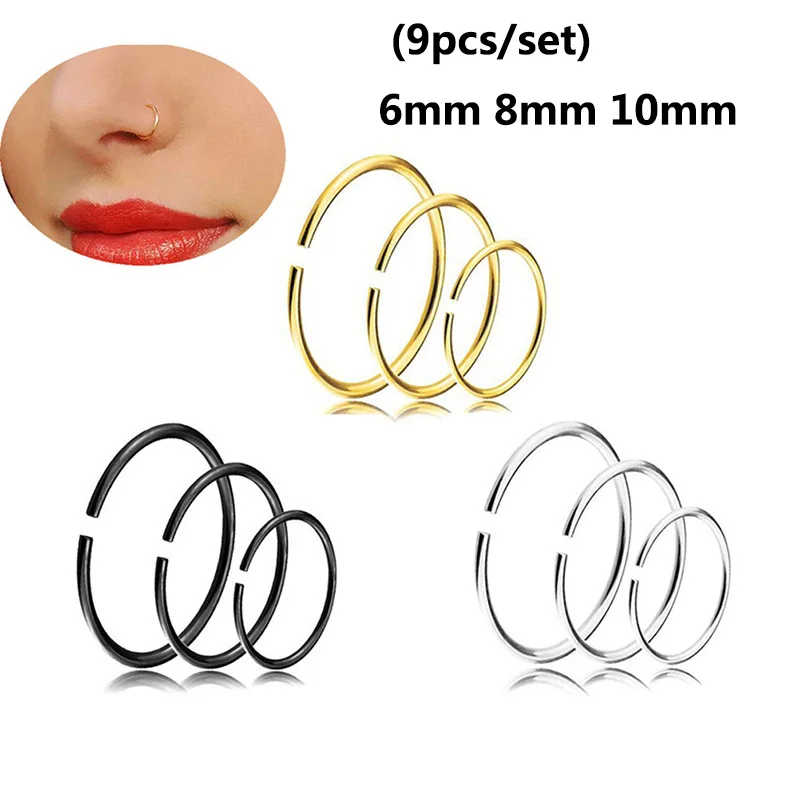 

9Pcs Stainless Steel Body Jewelry Seamless Segment Rings Nose Hoops Ear Piercing Tragus Nose Rings Ear Cartiliage Tragus Sexy