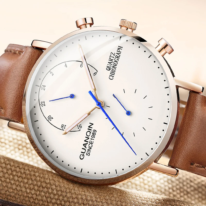 

GUANQIN design Genuine Leather Watches Men Top Brand NEW Men Sports Clock Sapphire Analog waterproof Mens Quartz Wrist Watches