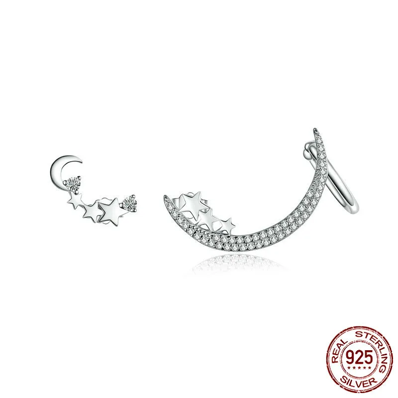 

Star & Moon Earrings 925 Sterling Silver Asymmetry Shining Crystal Stud Earring For Women Luxury Brand Jewelry Sce616