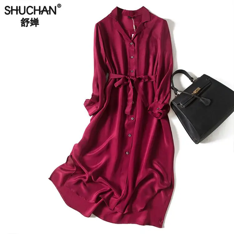 

Shuchan Wine Red Shirt Dress With Long Sleeve 100% Natural Silk Office Lady Sashes Solid Turn-down Collar Long Dresses