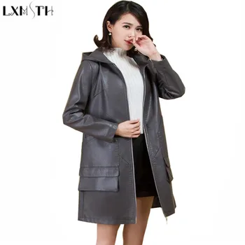 

LXMSTH 2019 Spring Autumn Leather Coat Women Long Trench Casual Loose Hooded Plus Size Faux Leather Coats Ladys Outerwear 5XL