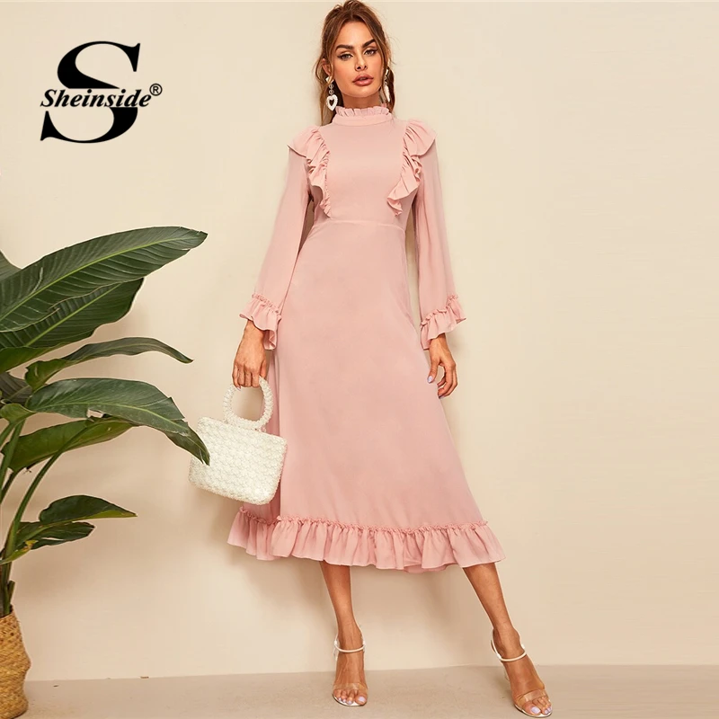 

Sheinside Pink Stand Collar Ruffle Hem Maxi Dress Women 2019 Spring Flounce Sleeve A Line Dresses Ladies Solid Chiffon Dress