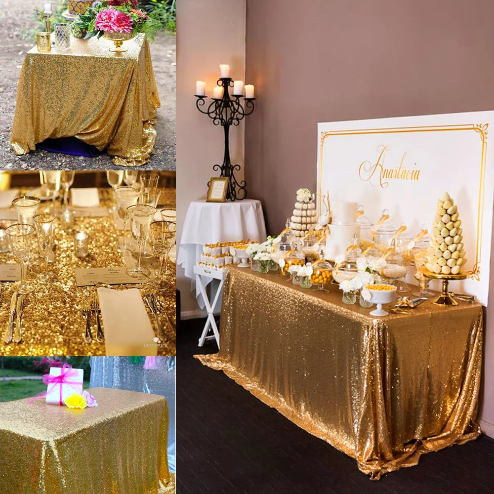 1pcs Gold Sequin Tablecloth Glitter Round Rectangular Embroidered Sequin Table Cloth For Wedding Cake Party Christmas Decoration