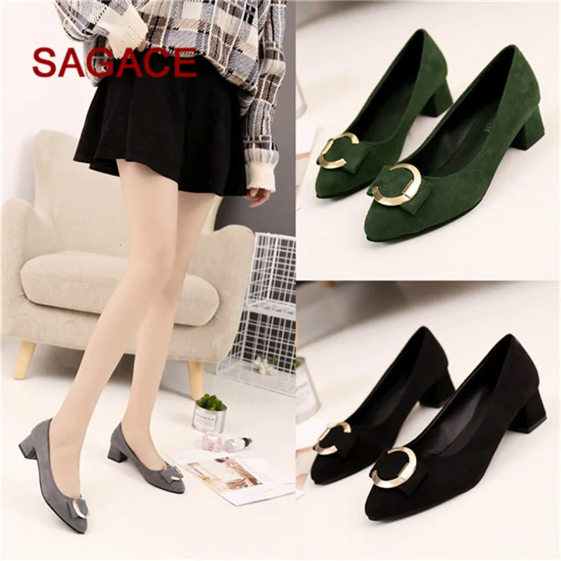 

HB@Ladies Pumps Women's Ladies Fashion Metal Button Pointed Toe Square Heel Roman Single Shoes Zapatos De Mujer