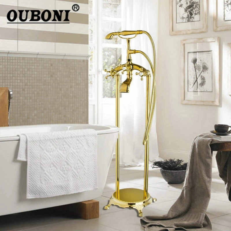 Ouboni Golden Plated Bathroom Shower Set Floor Mount Freestanding