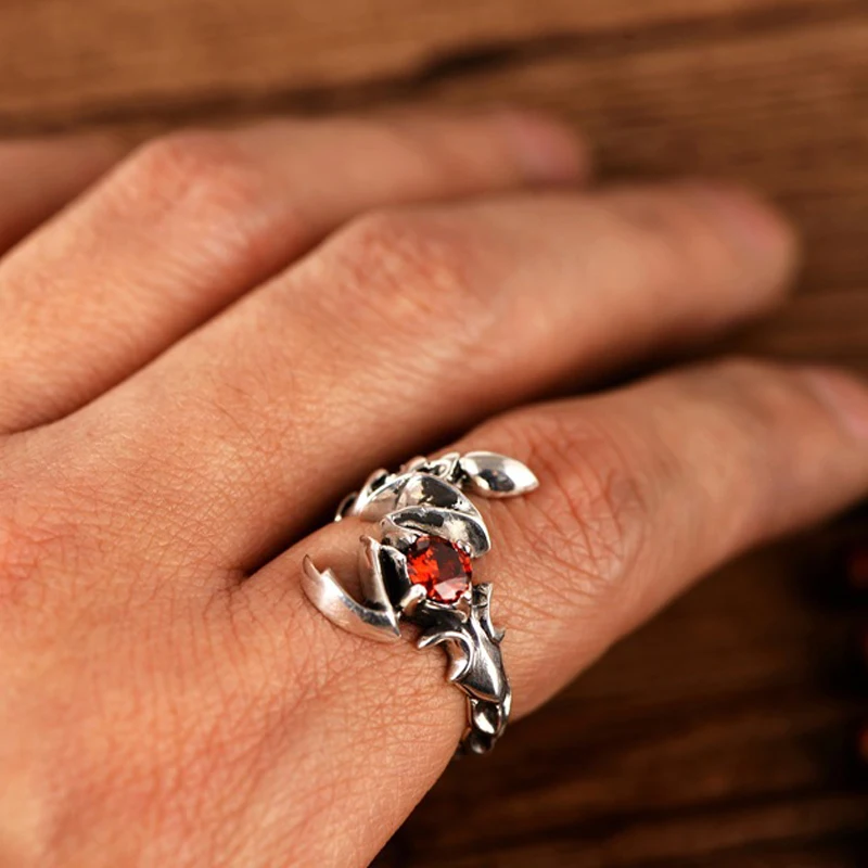 

Genuine 925 Sterling Silver Mens Ring With Garnet Natural Stone Scorpion Male Thai Silver Openning Ring Fashion Jewelry Gifts