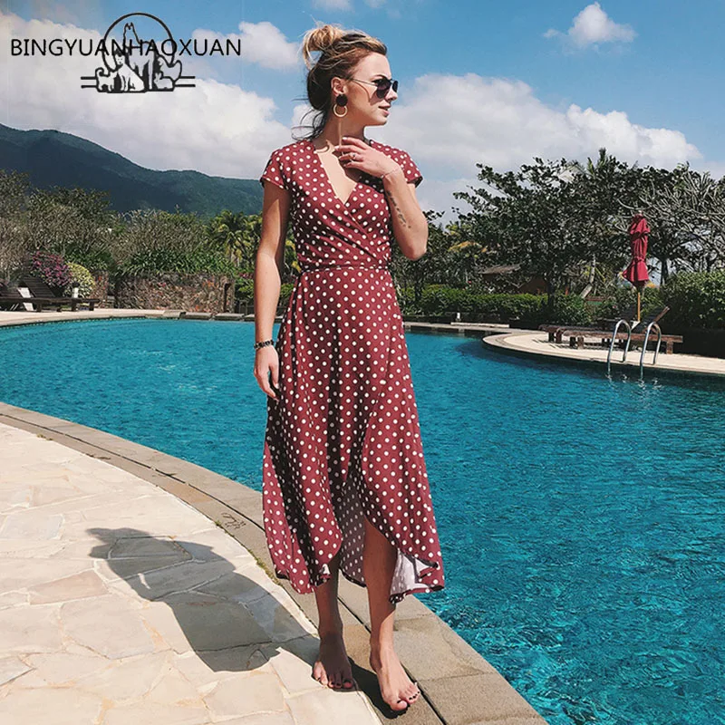 

BINGYUANHAOXUAN 2018 Summer New Short Sleeve V-neck Vestidos Women Elegant Thin Dot Printing Mid-Calf Split Beach Dress Female