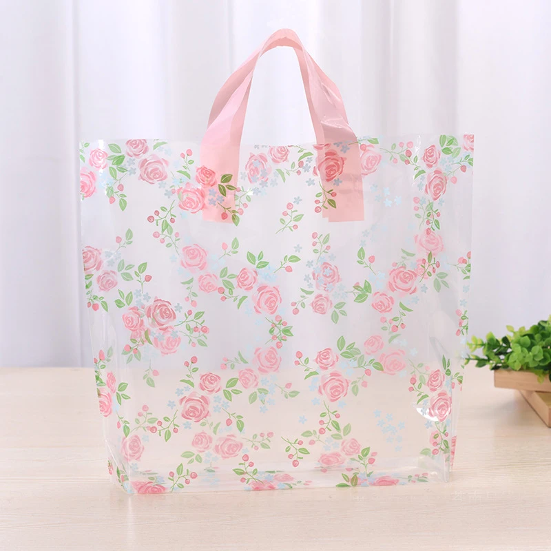 50PCS / LOT Transparent Shopping Bag Lovely Clear Rose Thicken Supermarket Plastic Gift Bag Handbag Shopping Bag