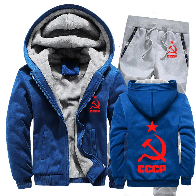 Зимний флисовый утолщенный спортивный костюм CCCP, русские толстовки с капюшоном, мужской комплект, повседневный теплый комплект из 2 предметов, толстовки с капюшоном в советском стиле, куртка+ штаны - Color: 822