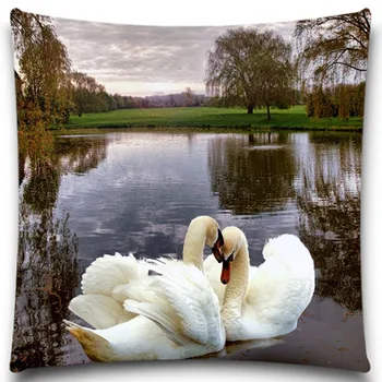 

In a beautiful lake Two head in together Swan 2D print creative Pillow case Square cotton polyester cushion cover 5 size 9 style